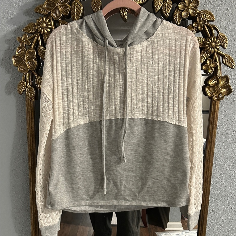 Gray and Cream Hooded Lace Sweatshirt